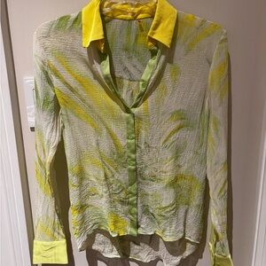 Chic Sheer Button-Down Shirt in Green and Yellow